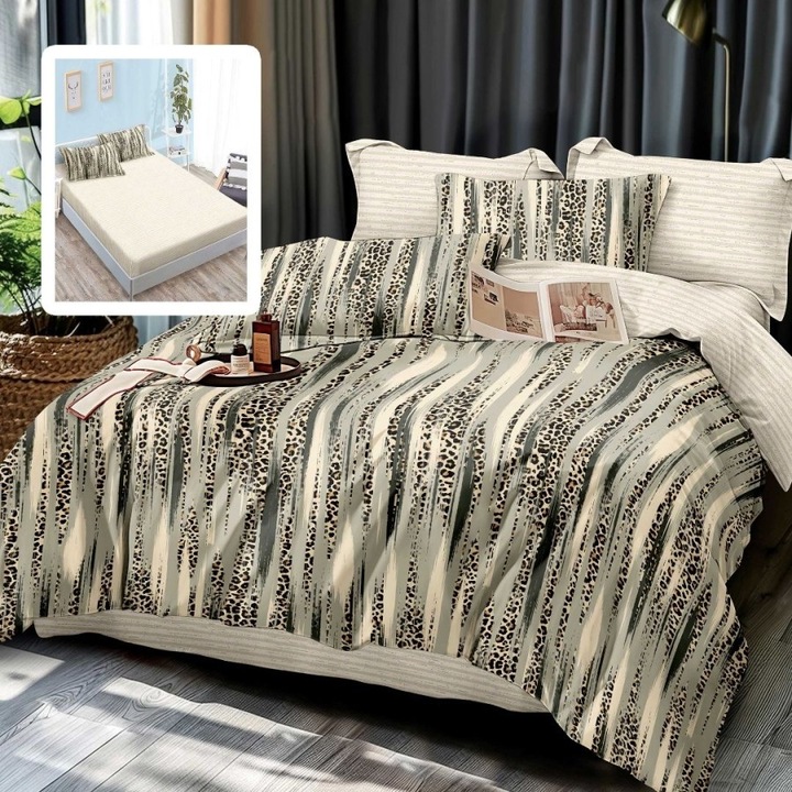 Dupla ágynemű finom lenből, állatmintás, gumis lepedő 180x200 cm, 6 darab, Lenzerii Deosebite, ALMA-VH