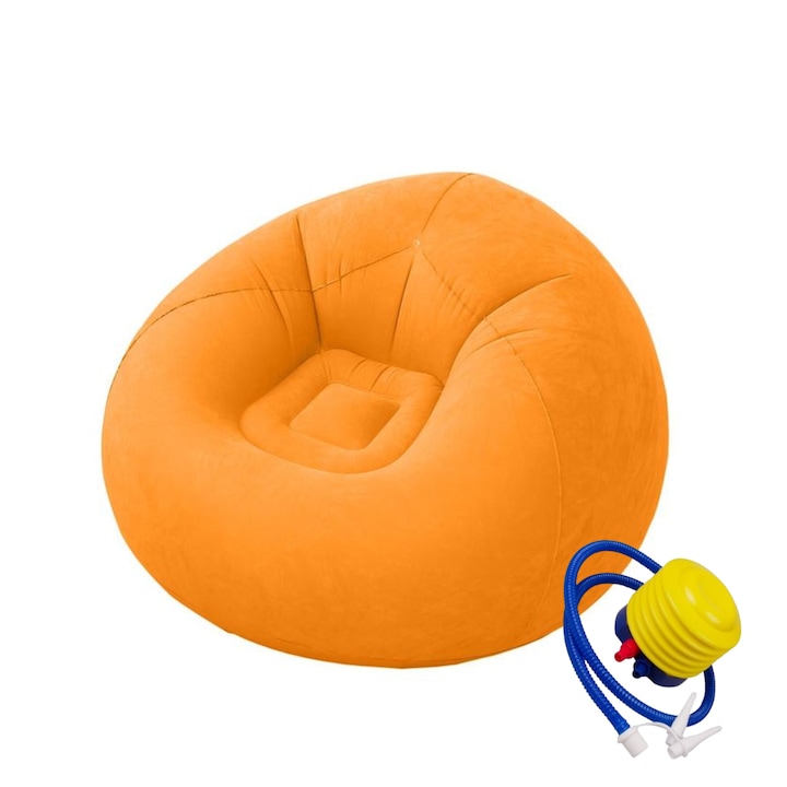 Fotoliu Gonflabil Macvi® Lazy Bag cu pompa inclusa, 110x110x85 cm, Confort Maxim, Portabila, pentru Interior si Exterior, Culoare Portocaliu