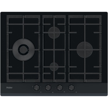 Plita incorporabila Haier HAVG5D4HB, Gaz, 4 Arzatoare, Grilaje fonta, 65 cm, Sticla Neagra