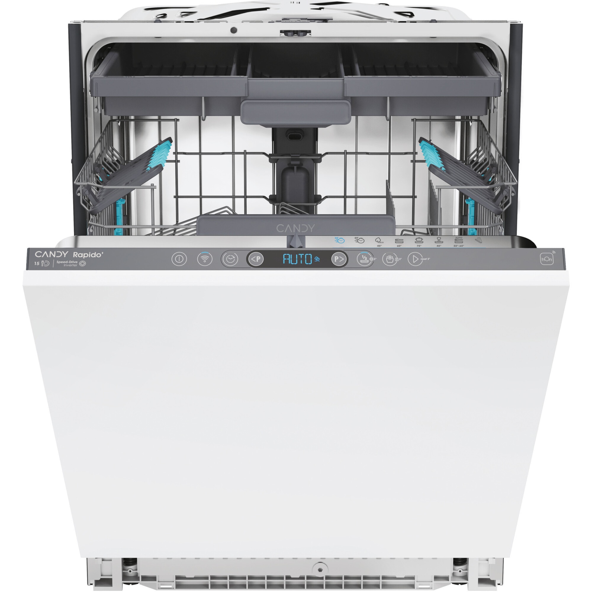 Masina de spalat vase incorporabila Candy CI 5C6F1A, 15 seturi, 8 programe, 3 cosuri, Motor Inverter, Maxi Tub, Wi-Fi, 35' Rapid Cycle, Deschidere automata a usii, 60 cm, Clasa C