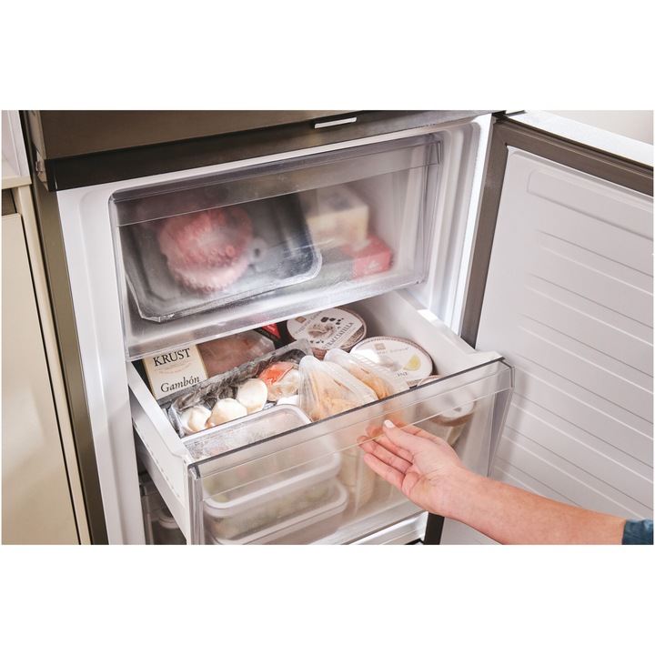 Combina frigorifica Candy ECN2CQTEX186, No Frost, 355 l, H 185 cm, Clasa E, Wi-Fi, inox