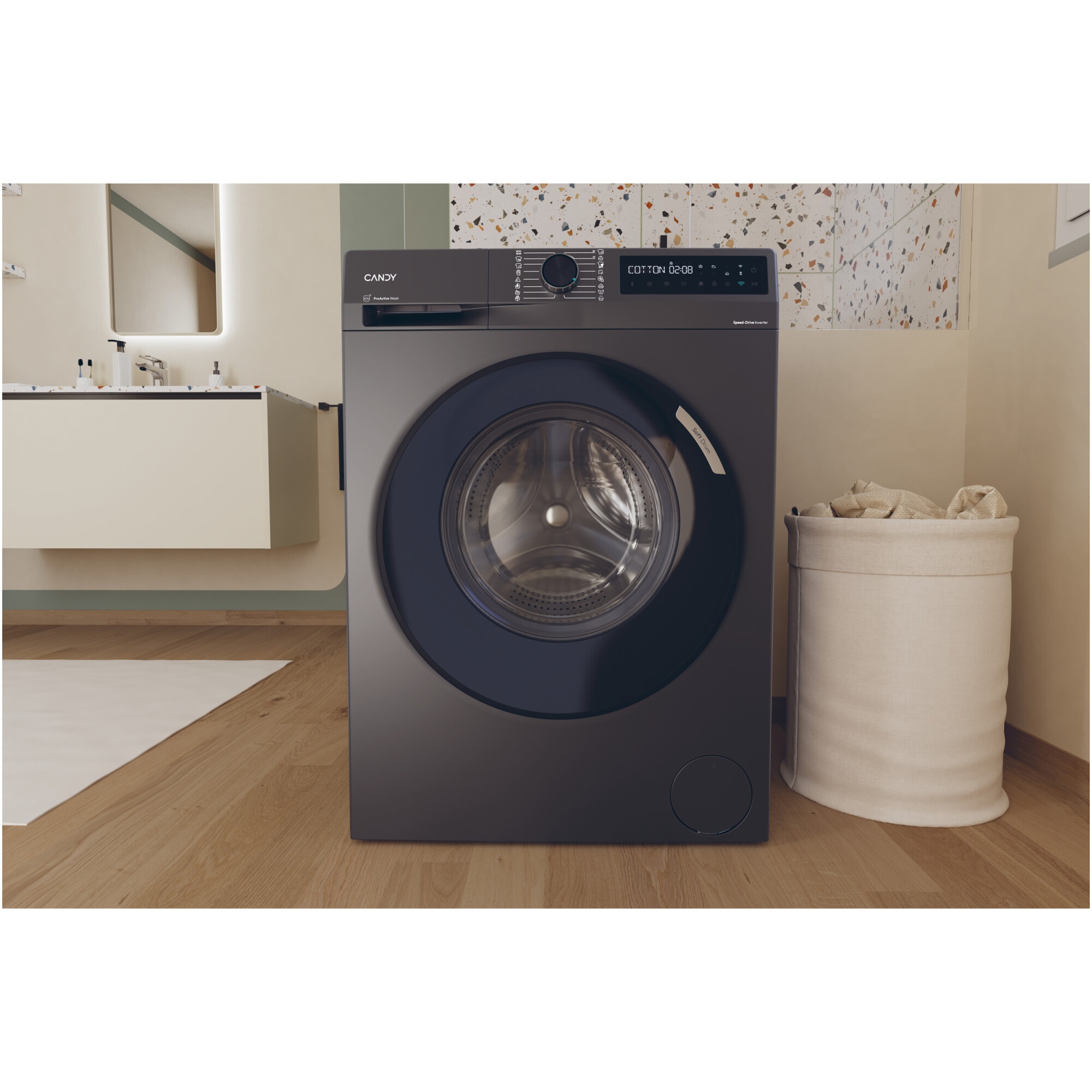Masina de spalat rufe Candy ProWash 500 BR 410B8G-S, 10 kg, 1400 RPM, 16programe, Motor Inverter, Steam, Touch display, Soft Drum, Dual Spray, Wifi, Clasa A, Antracit