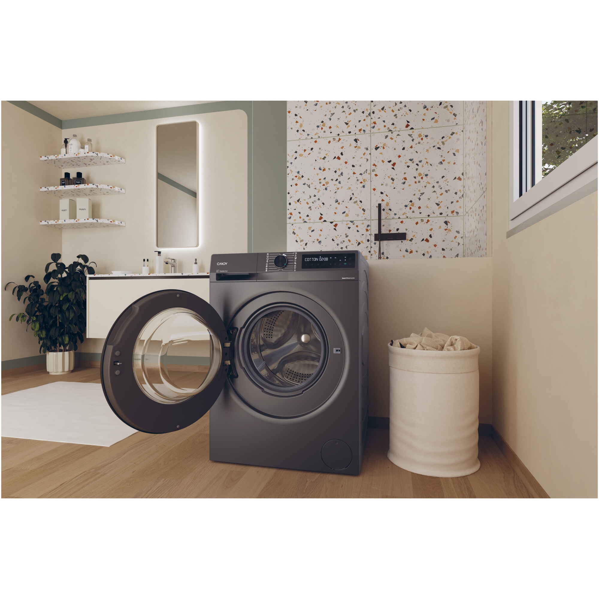 Masina de spalat rufe Candy ProWash 500 BR 410B8G-S, 10 kg, 1400 RPM, 16programe, Motor Inverter, Steam, Touch display, Soft Drum, Dual Spray, Wifi, Clasa A, Antracit