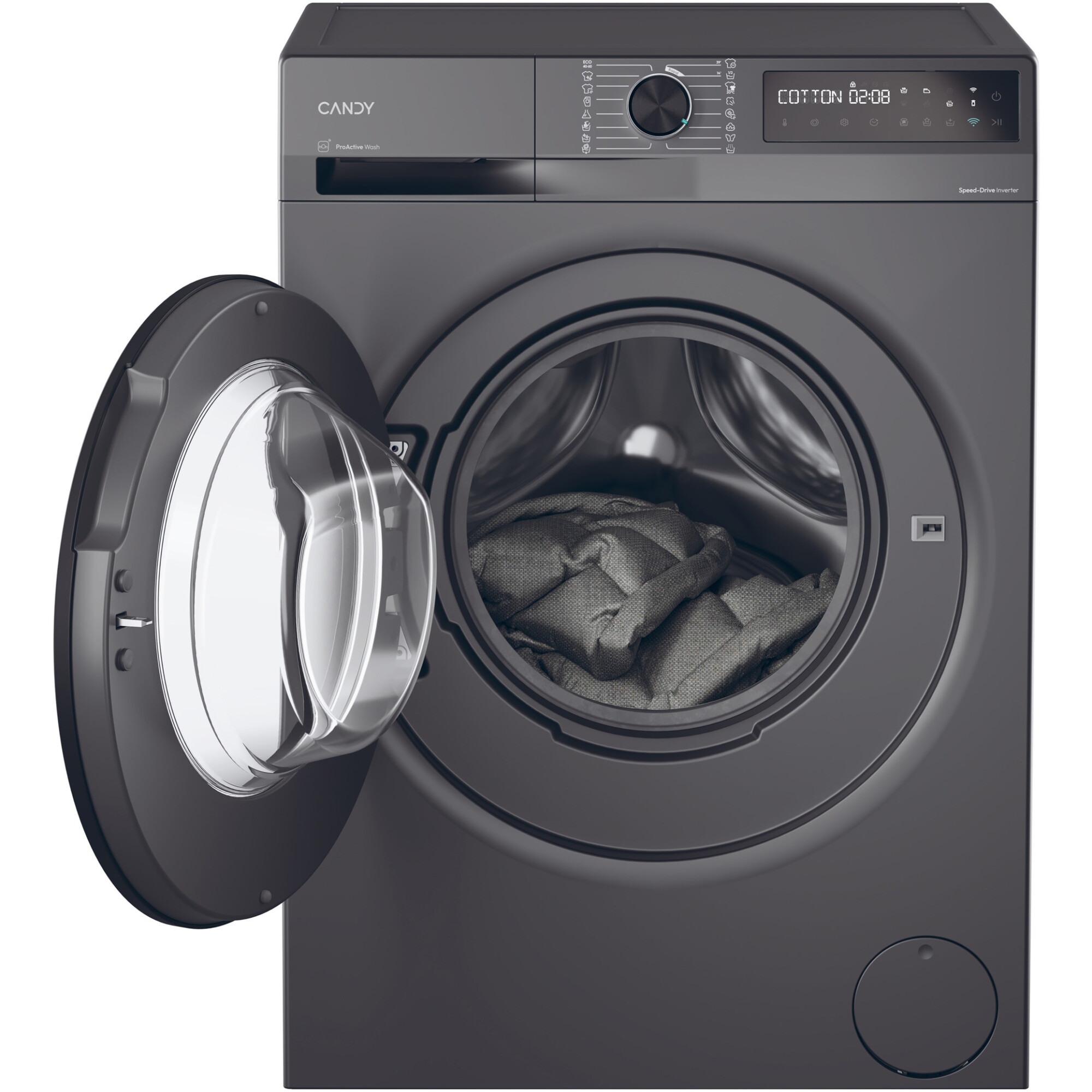 Masina de spalat rufe Candy ProWash 500 BR 410B8G-S, 10 kg, 1400 RPM, 16programe, Motor Inverter, Steam, Touch display, Soft Drum, Dual Spray, Wifi, Clasa A, Antracit