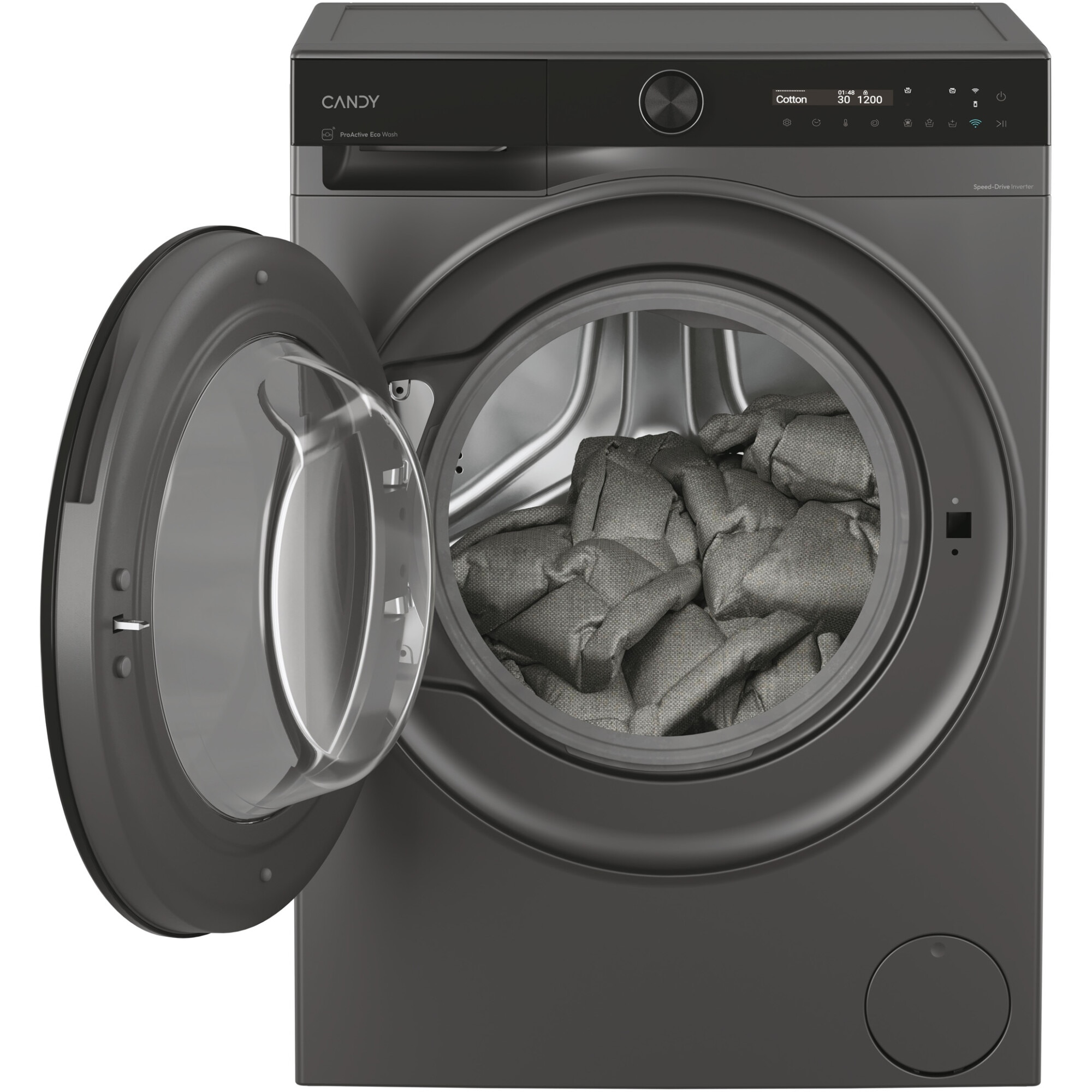 Masina de spalat rufe Candy ProWash 700 slim BS 49SB8G-S, 9 kg, 1400 RPM, 16 programe, Motor Inverter, Steam, LCD Touch display, Soft Drum, Dual Spray, Programe rapide de spalare, Wifi, Clasa A, Antracit