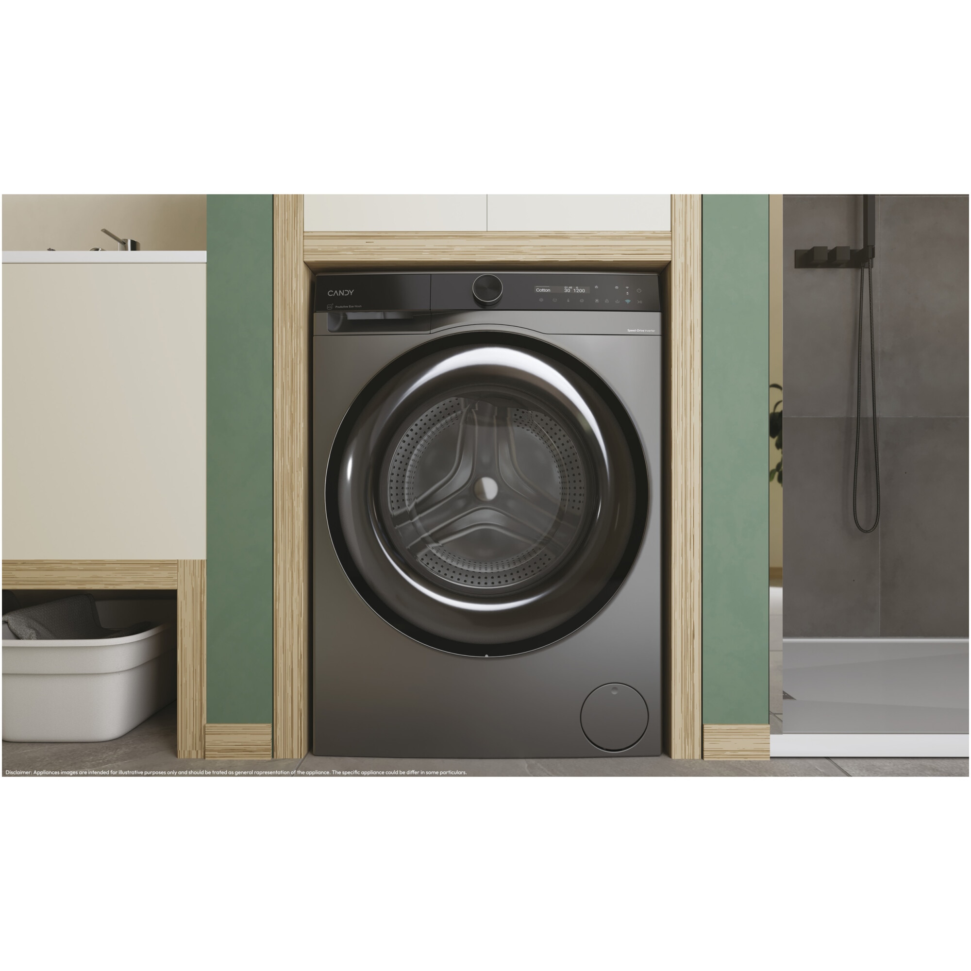 Masina de spalat rufe Candy ProWash 700 slim BS 49SB8G-S, 9 kg, 1400 RPM, 16 programe, Motor Inverter, Steam, LCD Touch display, Soft Drum, Dual Spray, Programe rapide de spalare, Wifi, Clasa A, Antracit