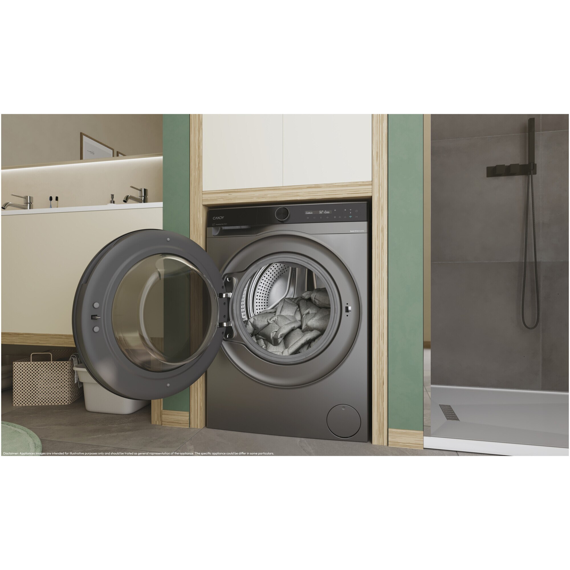 Masina de spalat rufe Candy ProWash 700 slim BS 49SB8G-S, 9 kg, 1400 RPM, 16 programe, Motor Inverter, Steam, LCD Touch display, Soft Drum, Dual Spray, Programe rapide de spalare, Wifi, Clasa A, Antracit