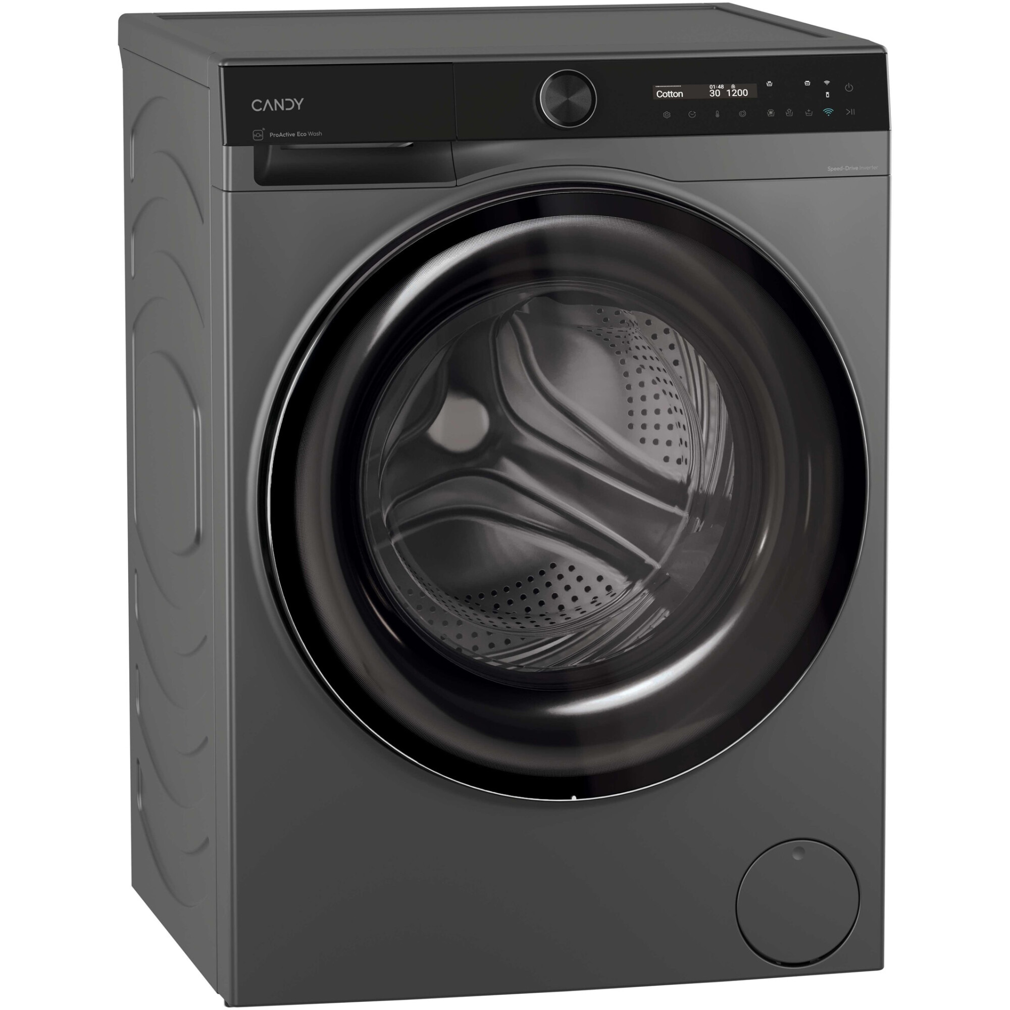Masina de spalat rufe Candy ProWash 700 slim BS 49SB8G-S, 9 kg, 1400 RPM, 16 programe, Motor Inverter, Steam, LCD Touch display, Soft Drum, Dual Spray, Programe rapide de spalare, Wifi, Clasa A, Antracit