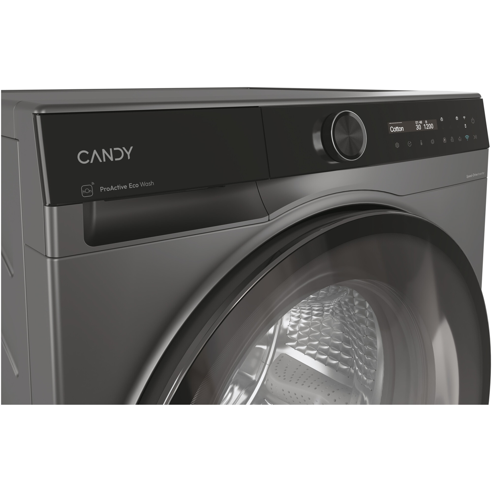 Masina de spalat rufe Candy ProWash 700 slim BS 49SB8G-S, 9 kg, 1400 RPM, 16 programe, Motor Inverter, Steam, LCD Touch display, Soft Drum, Dual Spray, Programe rapide de spalare, Wifi, Clasa A, Antracit