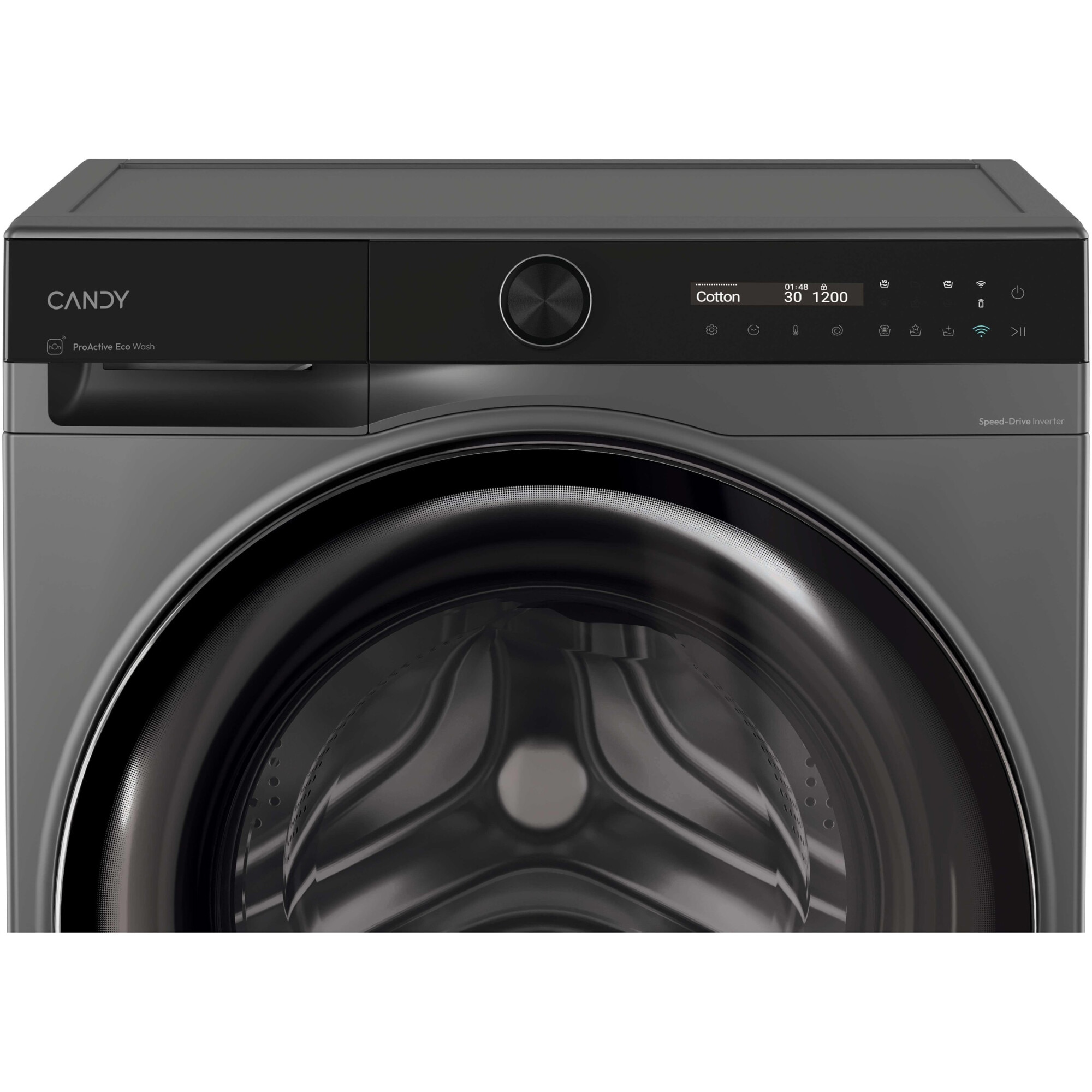 Masina de spalat rufe Candy ProWash 700 slim BS 49SB8G-S, 9 kg, 1400 RPM, 16 programe, Motor Inverter, Steam, LCD Touch display, Soft Drum, Dual Spray, Programe rapide de spalare, Wifi, Clasa A, Antracit