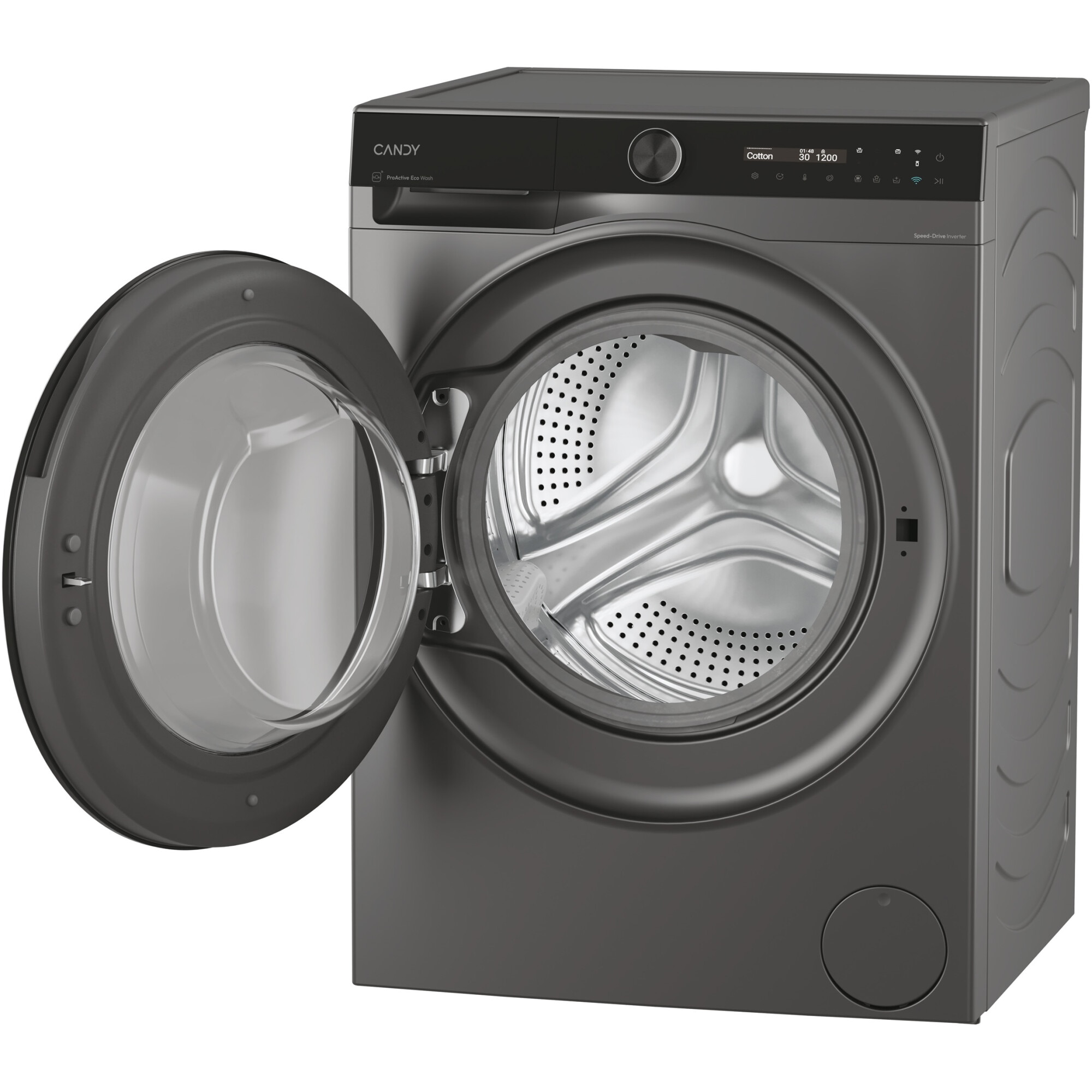 Masina de spalat rufe Candy ProWash 700 slim BS 49SB8G-S, 9 kg, 1400 RPM, 16 programe, Motor Inverter, Steam, LCD Touch display, Soft Drum, Dual Spray, Programe rapide de spalare, Wifi, Clasa A, Antracit
