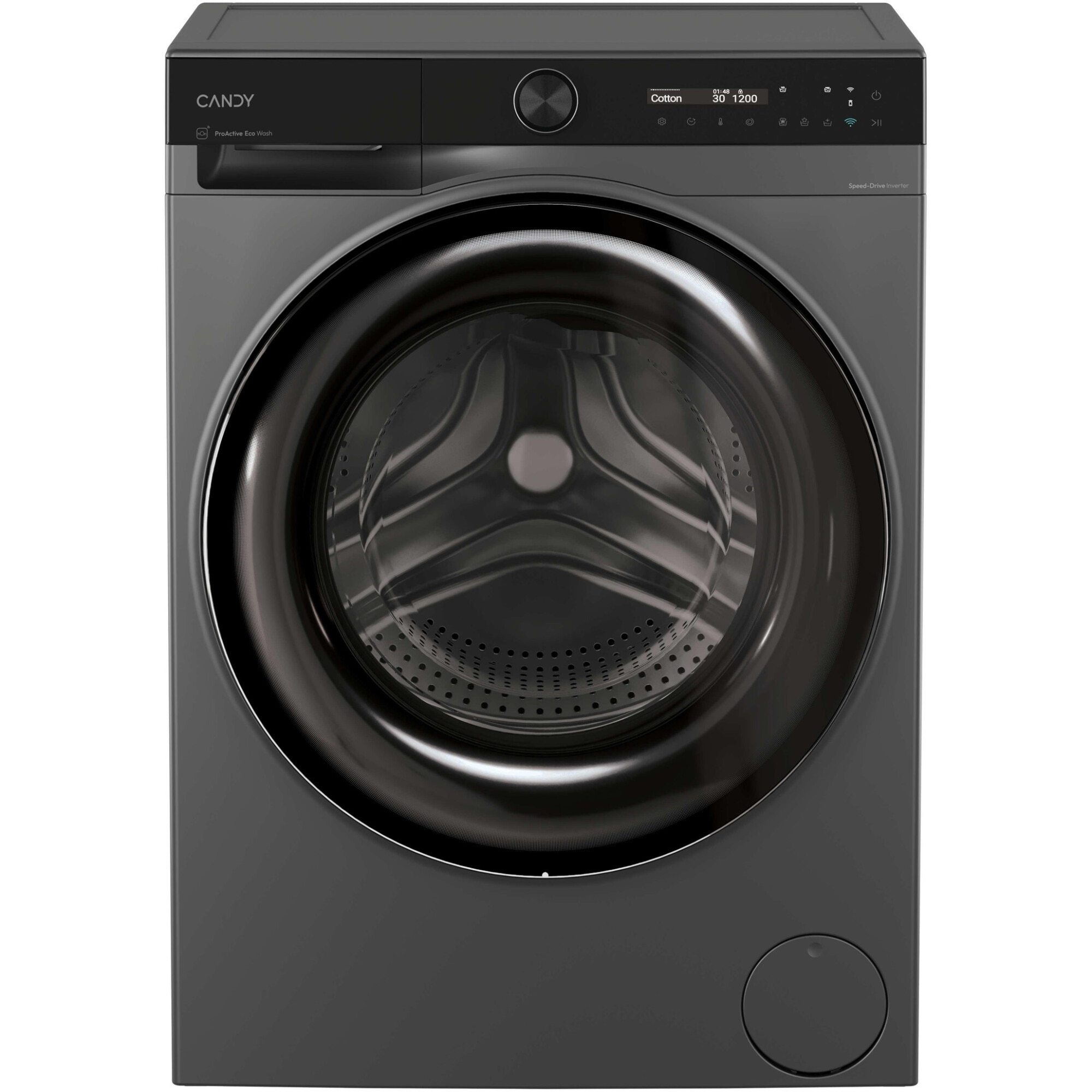 Masina de spalat rufe Candy ProWash 700 slim BS 49SB8G-S, 9 kg, 1400 RPM, 16 programe, Motor Inverter, Steam, LCD Touch display, Soft Drum, Dual Spray, Programe rapide de spalare, Wifi, Clasa A, Antracit