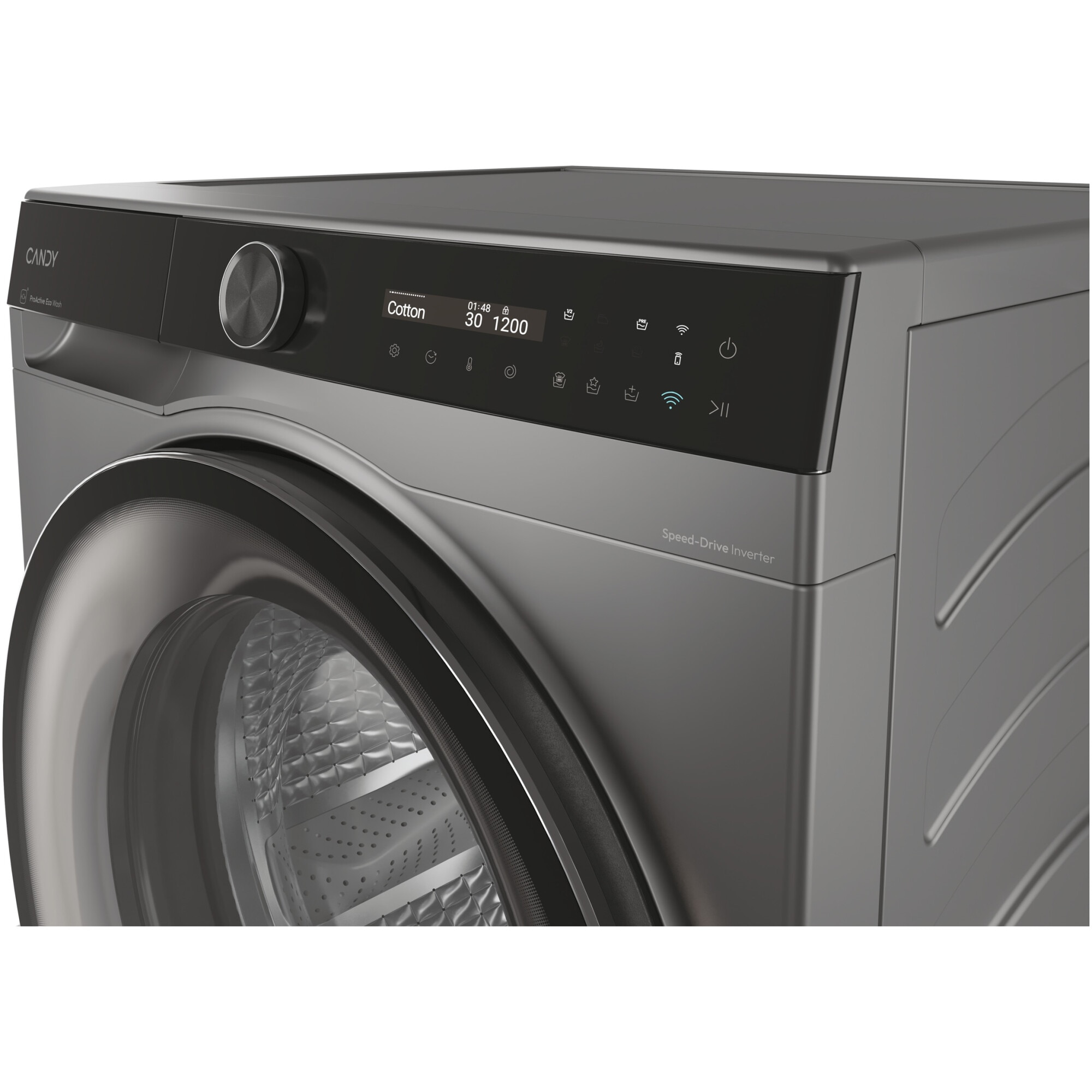 Masina de spalat rufe Candy ProWash 700 slim BS 49SB8G-S, 9 kg, 1400 RPM, 16 programe, Motor Inverter, Steam, LCD Touch display, Soft Drum, Dual Spray, Programe rapide de spalare, Wifi, Clasa A, Antracit