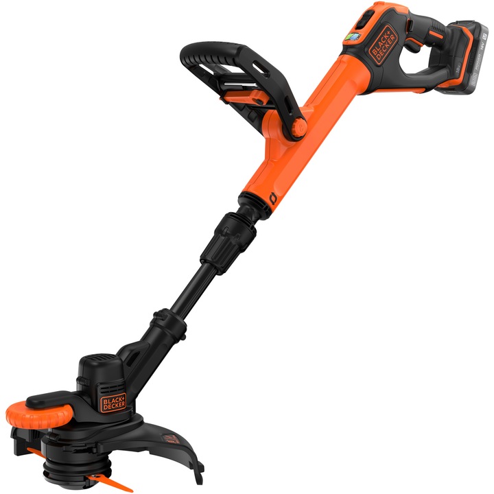Trimmer pentru tuns gazon/iarba pe acumulator Black & Decker BCSTR918B, 18 V, latime taiere 25 cm, maner telescopic, functie de taiat margine gazon, include: incarcator + acumulator 18 V 2.0 Ah POWERCONNECT + 8 lame plastic