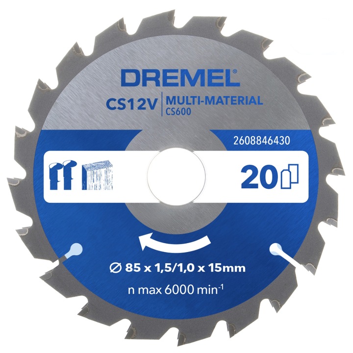 Panza fierastrau circular Dremel CS600 2608846430, 85 mm diametru, lemn, parchet laminat, plastic ,metale neferoase