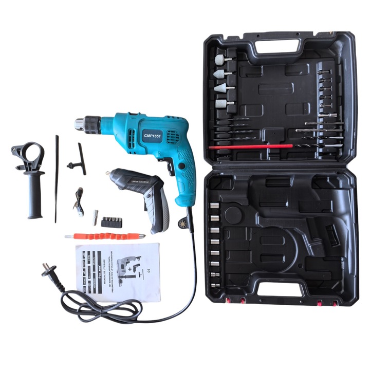 Bormasina cu percutie Campion 1000W + Surubelnita pe acumulator, 35 accesorii incluse, Valiza de transport