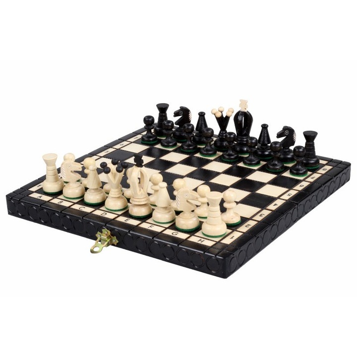 Set de sah mic, Sunrise Chess & Games, 30x30cm, negru, tabla pliabila, figurine din lemn de sicomor