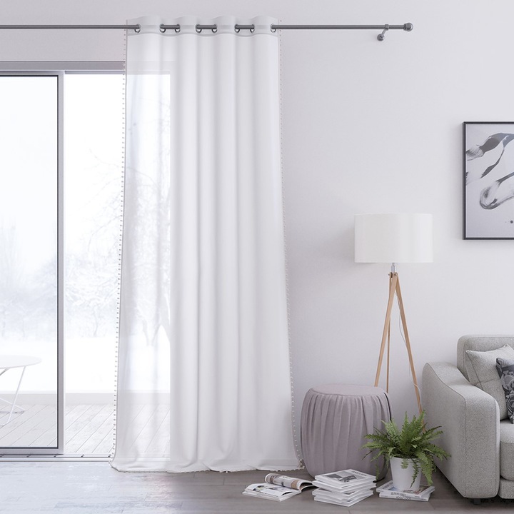 Воал завеса с декоративен подгъв с халки, Помпони, 140 x 270 см, бяла