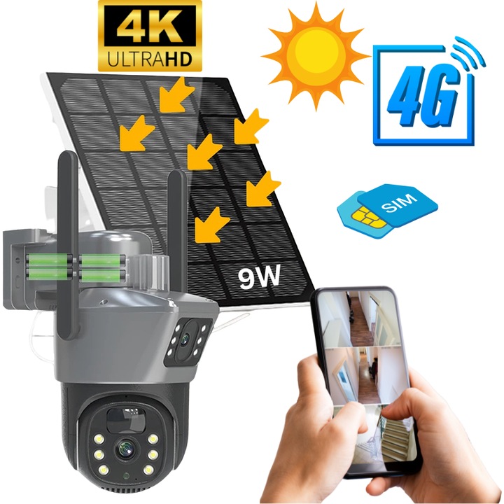 Външна камера за видеонаблюдение, RSCAMTOM, соларна, 4G, 4k резолюция, 355° PTZ, двупосочно аудио, цветно нощно виждане, IP66, 365 дни живот на батерията, локално и облачно съхранение