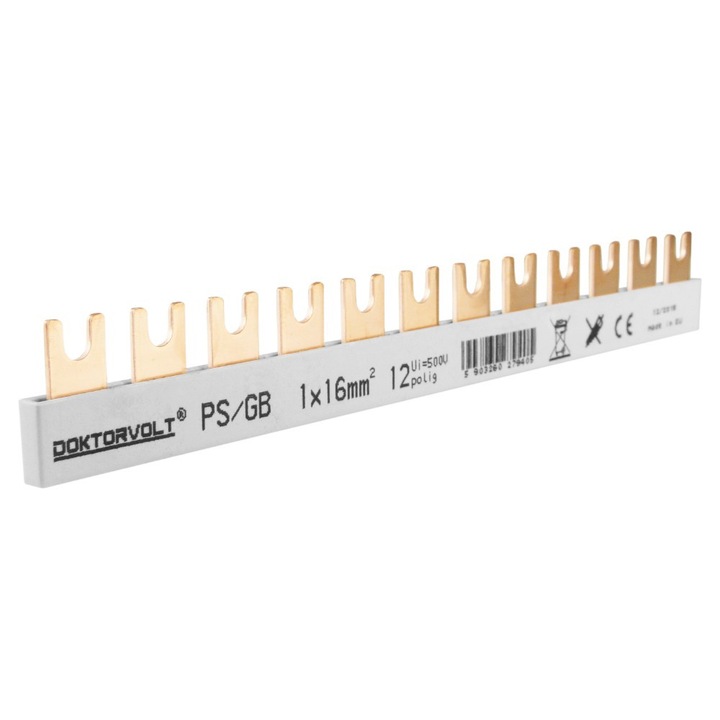 Bara colectoare de conectare tip pieptene PS/GB, Doktorvolt, izolata pe ambele parti monofazata, 12 module, 16 mm2