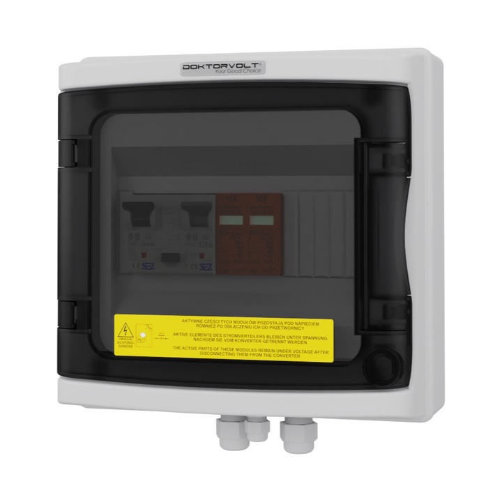Tablou de distributie fotovoltaic, Doktorvolt, 8 module, IP65, 320V AC, 1 rand, gri RAL 7035, dimensiuni 215x210x100mm