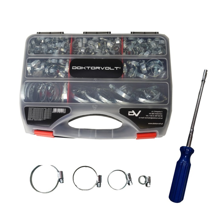 Set de 230 cleme pentru furtunuri cu cheie flexibila, Doktorvolt, 36x26x7cm