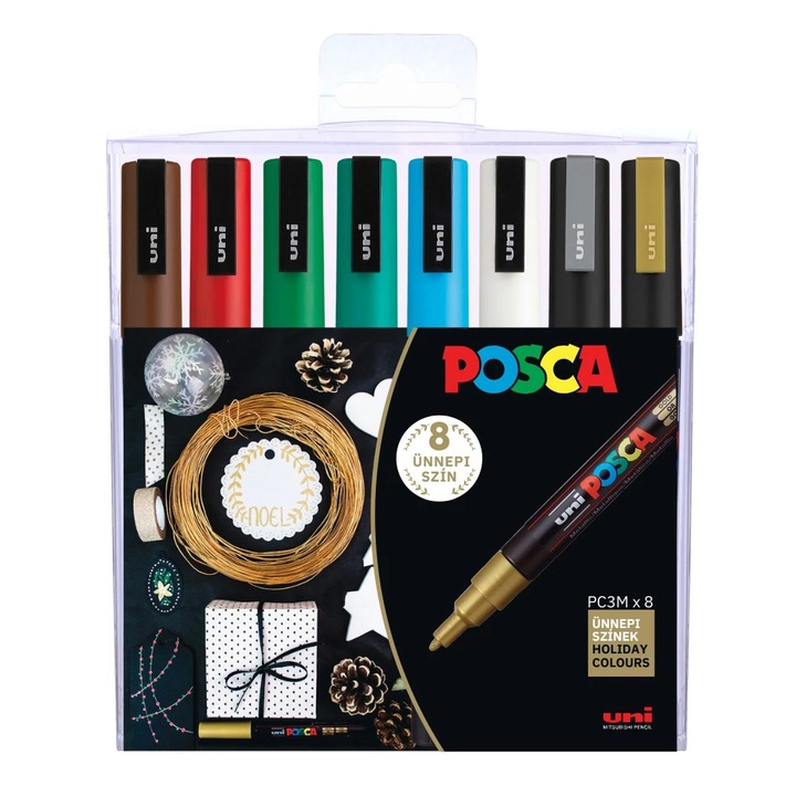 Комплект декоративни маркери Uni Posca PC-3M Holiday Collection, 0.9-1.3 мм, 8 цвята