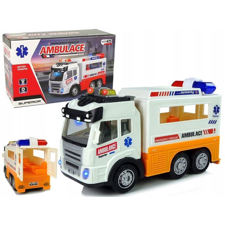 Ambulans cu baterii, leantoys, efecte luminoase si sonore, alb cu portocaliu, 21x8x13cm