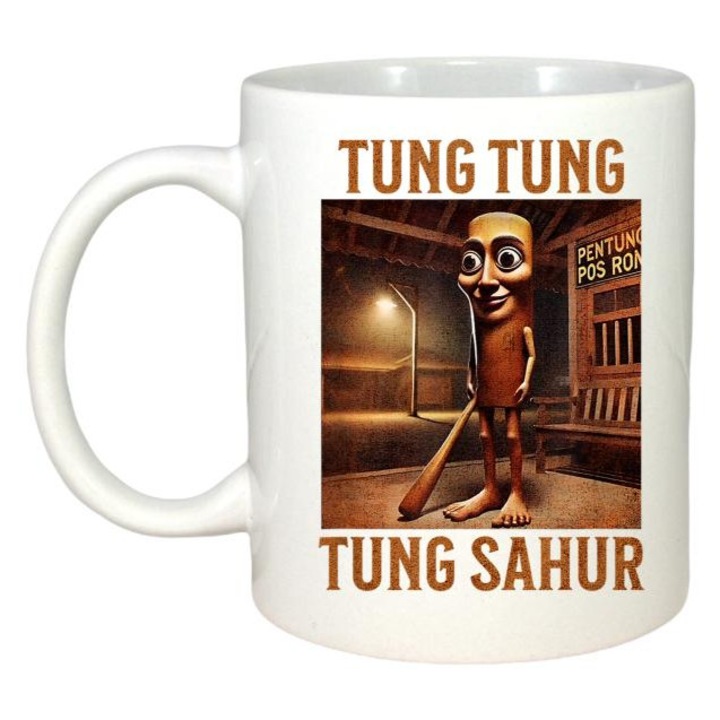 Cana Tung Tung Tung Sahur, Cri-Flo, Ceramica, 330ml, Maner si interior Alb