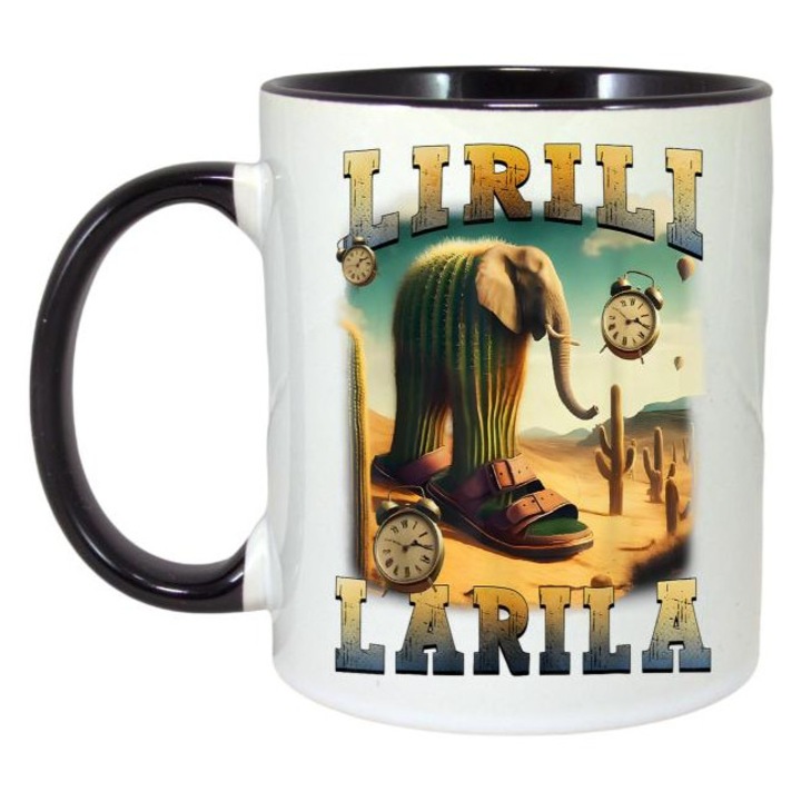 Cana Tralalero Tralala cu Lirili Larila Funny Italian Brainrot Meme Cactus Elephant T-Shirt, Cri-Flo, Ceramica, 330ml. Maner si interior Negru
