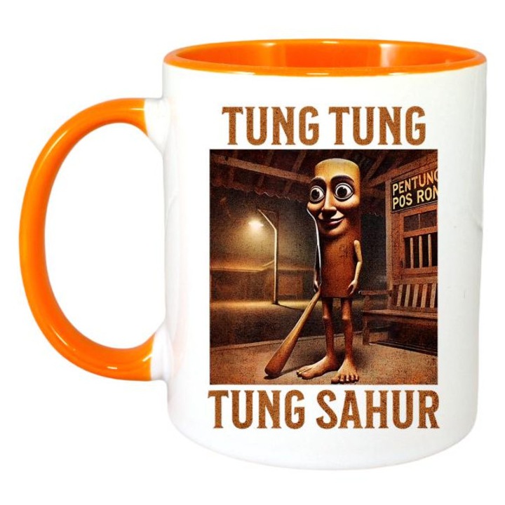Cana Tralalero Tralala cu Tung Tung Tung Sahur Italian Brainrot Meme T-Shirt, Cri-Flo, Ceramica, 330ml. Maner si interior Portocaliu