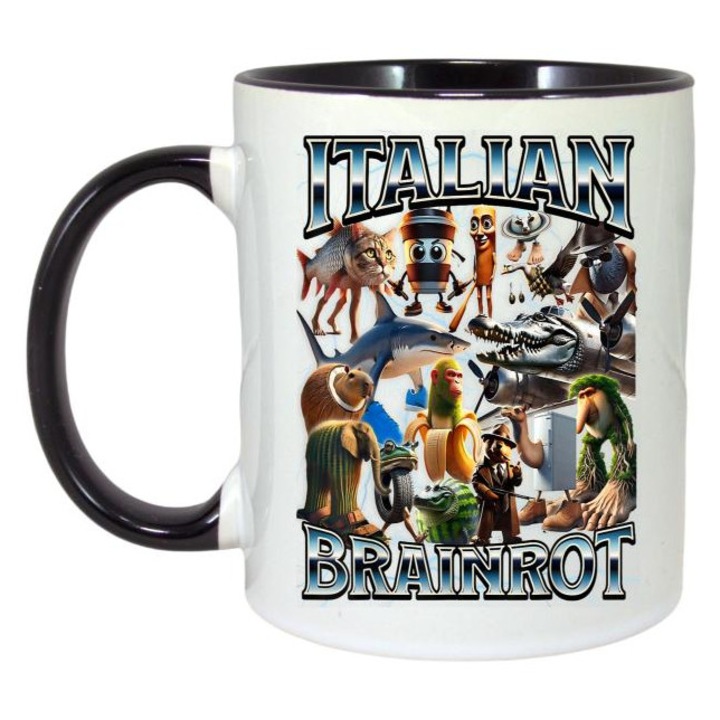 Cana Tralalero Tralala cu Bombardiro Crocodilo - Italian Brainrot Meme T-Shirt, Cri-Flo, Ceramica, 330ml. Maner si interior Negru