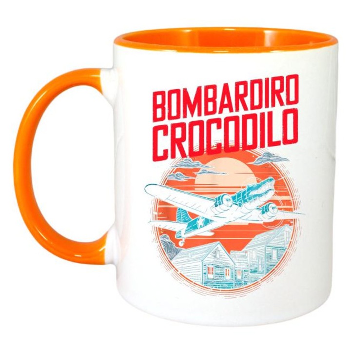 Cana Tralalero Tralala cu Bombardiro Bombardino Crocodilo Funny Italian Brainrot Meme T-Shirt, Cri-Flo, Ceramica, 330ml. Maner si interior Portocaliu