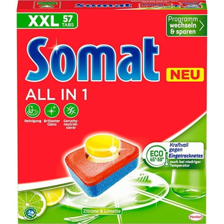 Somat All in 1 Zitrone & Limette mosogatószer tabletták 57 db, 1 kg, multifunkcionális formula, citrus aroma