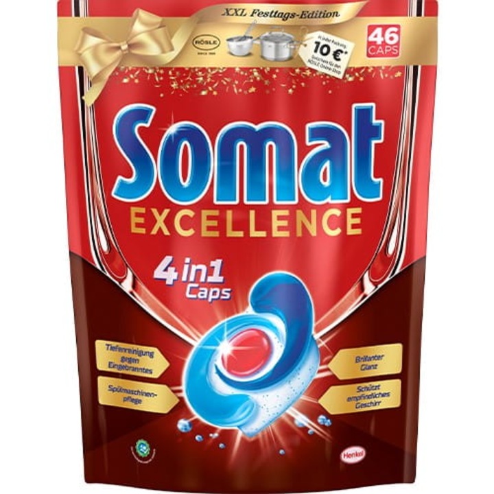 Somat Excellence 4in1 mosogatószer tabletták, 46 darabos készlet, 796g, üvegvédelem, lerakódásgátló hatás