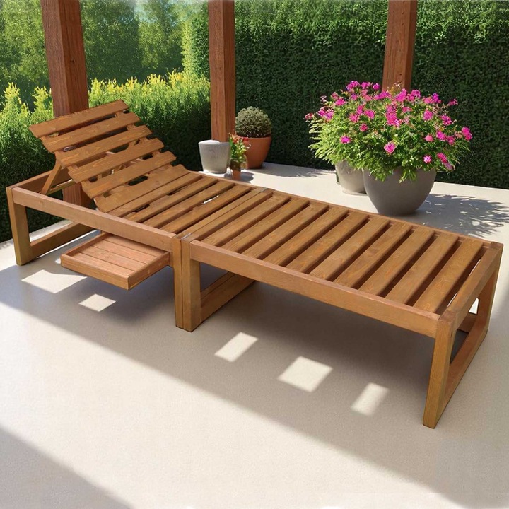Industry Transilvan Трансформираща се пейка в шезлонг, 2 в 1, включена маса, масивно дърво, 100x65x79 см и 200x65x40 см, златен дъб