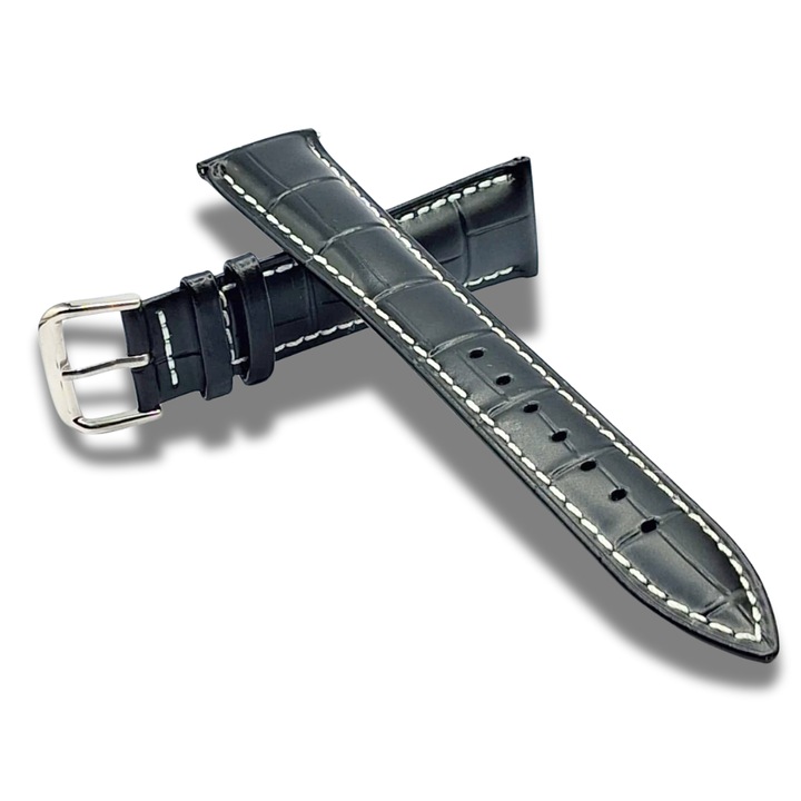 Черна кожена каишка за часовник с бели шевове, мм, сребърна катарама + безплатни бързи закопчалки