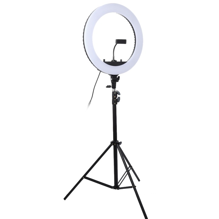 Lampa circulara Ring Light 45cm, 180 LED-uri, 3 moduri de lumina, 10 trepte de intensitate, lumina soft, suport telefon, trepied inclus, alimentare USB, negru