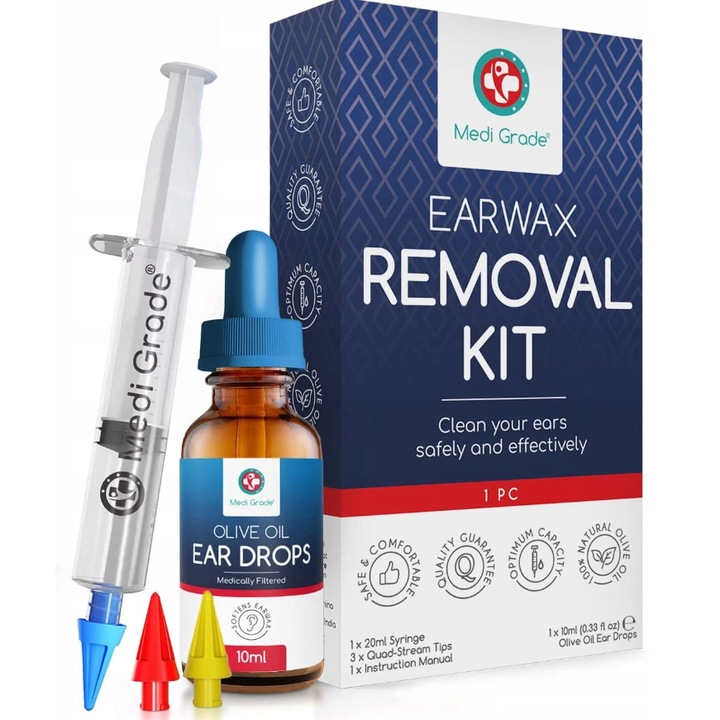 Set curatare urechi Medi Grade 360 cu 3 capete colorate si picaturi, multicolor