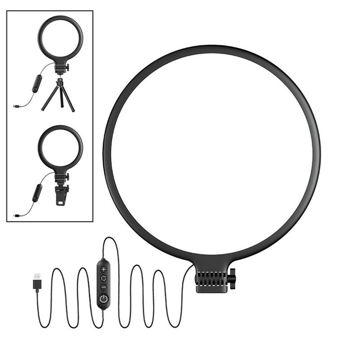 Lampa circulara Ring Light 30cm, 180 LED-uri, 3 moduri lumina, 10 trepte intensitate, lumina soft, suport telefon, trepied, alimentare USB, negru