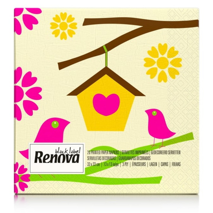 Servetele de hartie Renova Bird House, 20 buc, 33x33cm, 3 straturi, multicolor