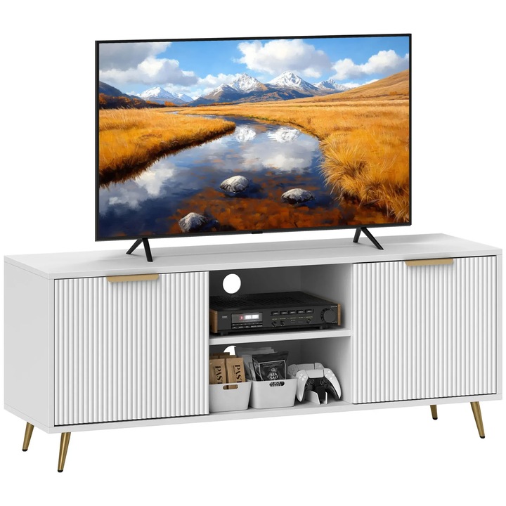 TV szekrény, 2 rekesszel, MDF, fehér, 120x35x48 cm