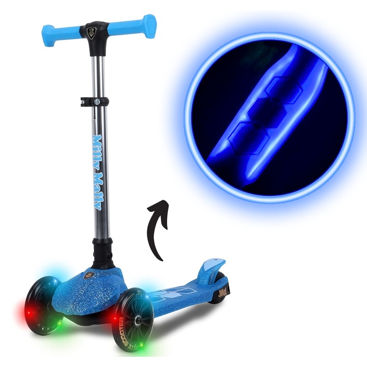 Trotineta JELLY, 3 roti, albastra, sistem de balansare, roti LED, 30x12cm