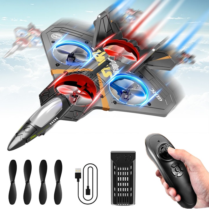 Robot de jucarie, Puepoul, Avion RC, cu telecomanda si banda luminoasa, 2.4G, Sensarea gravitatiei, Planare, Flip 360°, Distractiv, Interactiv, Cascadorii, Rezistent la impact, Stimuleaza gandirea si logica, pentru adulti si copii incepatori, Negru/Gri