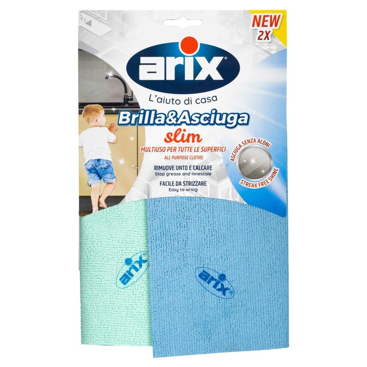 Burete Arix Brilla&Asciuga Slim set 2 bucati, 29x29cm, albastru si verde