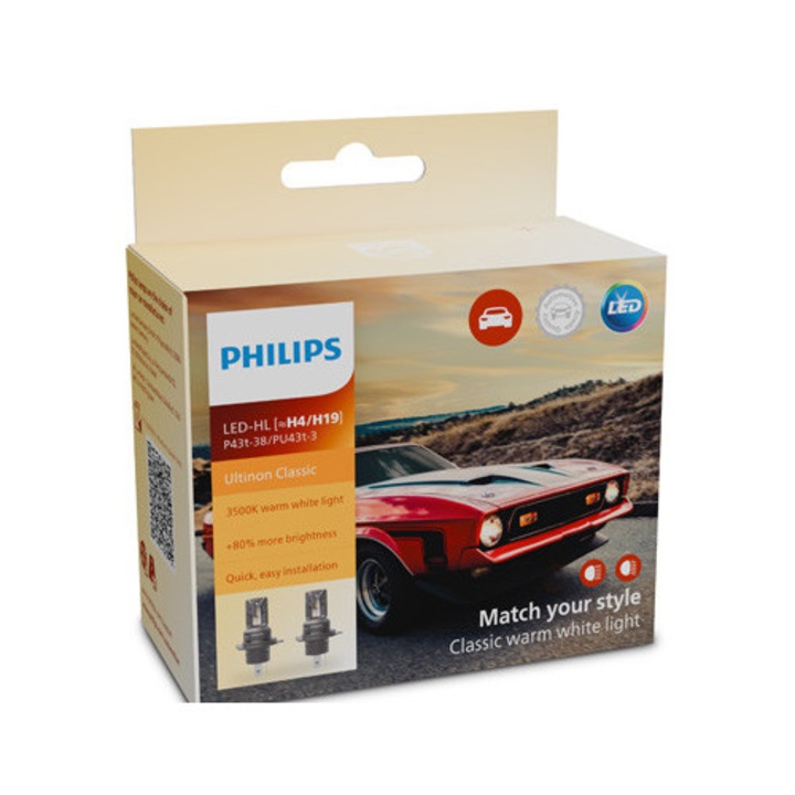 Bec auto LED Philips, Ultinon Classic, H4, H19, Halogen / LED, 2 bucati