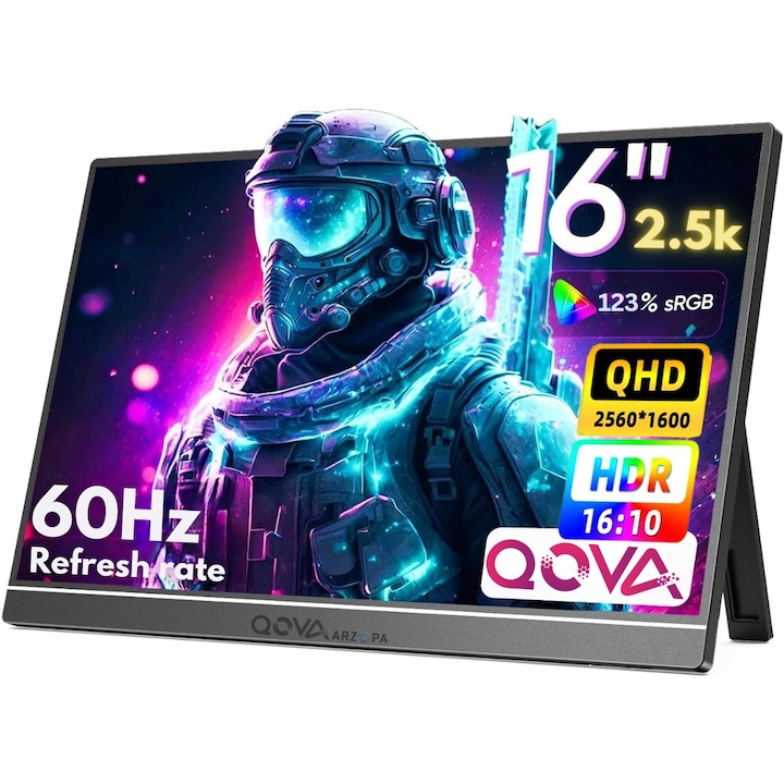 Arzopa & Qova® 16″ hordozható monitor, 2.5K QHD (2560×1600), 123% sRGB, HDR, ultravékony, 60Hz, USB-C & HDMI, kompatibilis laptoppal, telefonnal, konzollal, kettős hangszóróval, szemvédelemmel, mindössze 9 mm vastag, fémházas, beépített állvánnyal–ideál