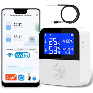 Senzor Temperatura / Umiditate WiFi Inteligent, VisionHub®, Termometru Monitorizare prin Aplicatie, Sonda Externa, Ecran LCD 2.9", Compatibil cu Tuya/Smart Life/Alexa/Google Assistant, Inregistrarea datelor, Alarme, Baterie urgenta reincarcabila, 2.4GHz