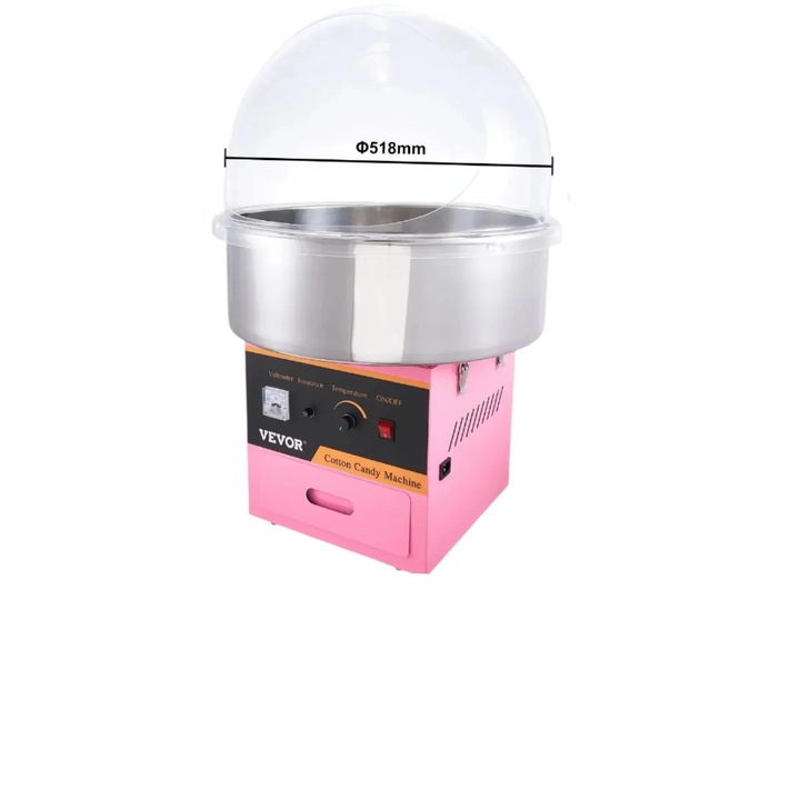 Машина за захарен памук, 1000W, с контрол на температурата, розова, размери 53,5x53,5x32см, с прозрачен капак