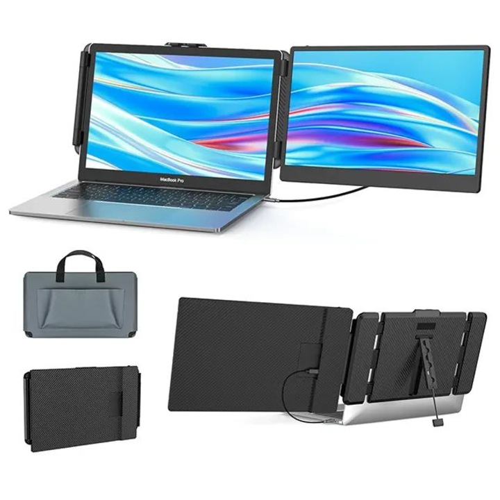 Hordozható LED monitor laptophoz, 14 hüvelykes Full HD képernyő, kompatibilis a 13 - 17 hüvelykes kijelzőkkel, 180 fokos forgatás, kompatibilis iOS, Android, Windows, Mac rendszerekkel, USB-C és HDMI porttal, Plug & Play
